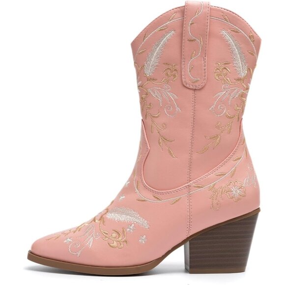 Anjoufemme Mid-Calf Booot Women Pink Polyurethane Embroidered Round-toe - Picture 3 of 8